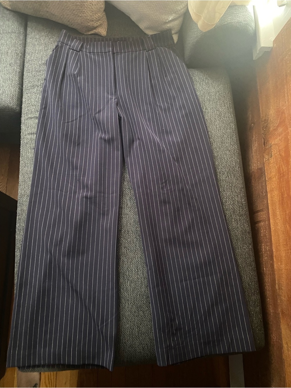 Express Women's Navy Pinstripe Wide Leg Pants - White Stripes